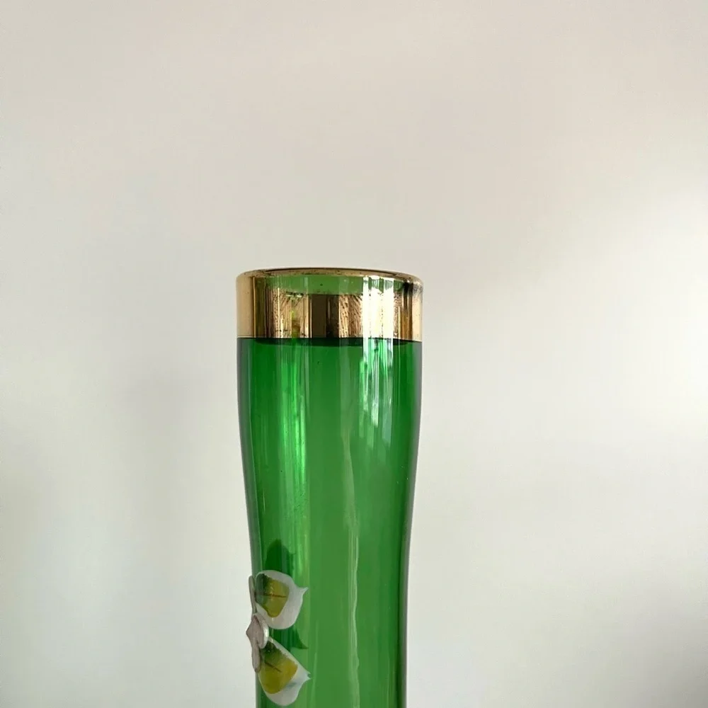 Vintage Bohemian Czech emerald green glass vases set of 2